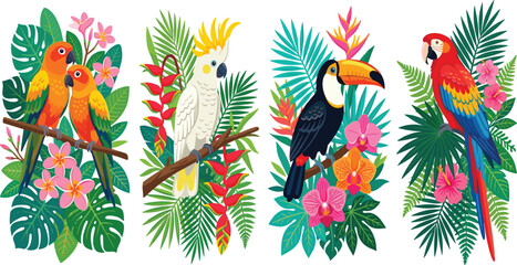 Tropical Birds Collection with Macaw Toucan Cockatoo and Parrots Sitting on Branches with Jungle Leaves and Exotic Flowers Vector Illustration © MstRuna