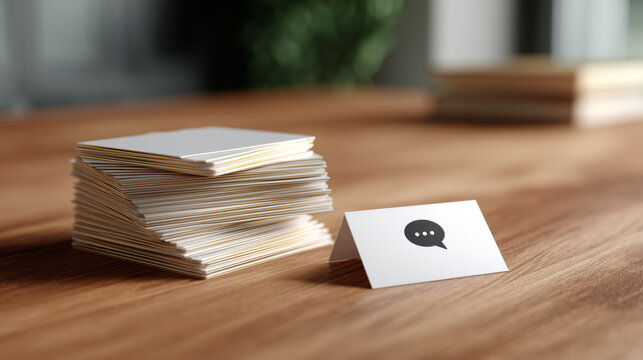 Stack of blank business cards on wooden table with a speech bubble card displaying communication concept in a cozy indoor environment