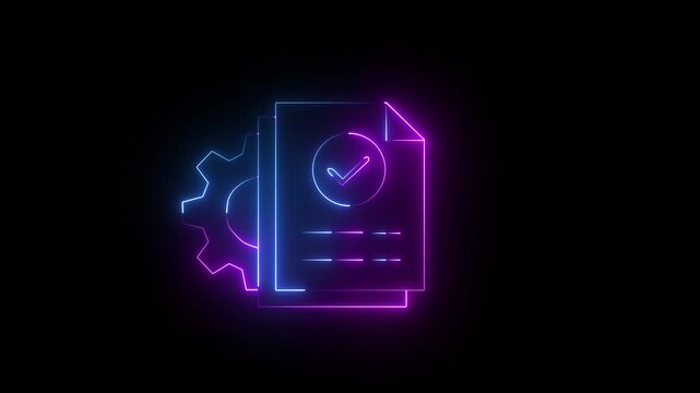 Neon glowing Digital document verification and approval with secure online workflow, check marks, data verification, file management icon.