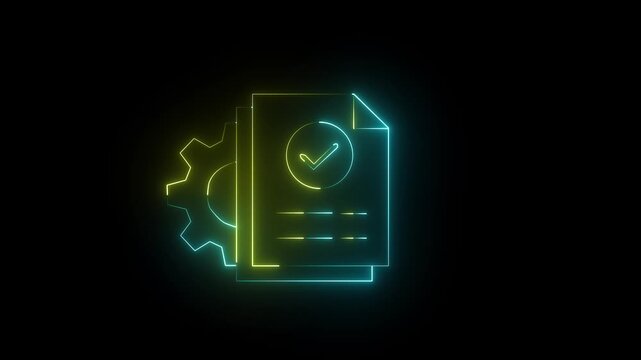 Neon glowing Digital document verification and approval with secure online workflow, check marks, data verification, file management icon.