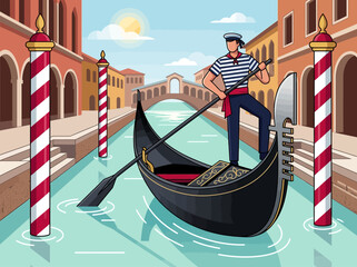 Venice Italy Canal Illustration with Gondola and Gondolier, Historic Rialto Bridge Background, Flat Vector Style European Travel Art © Tika