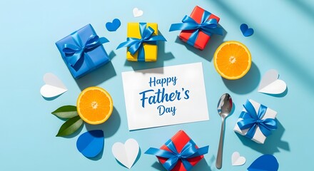 Fototapeta premium Colorful father's day greeting with gift boxes, balloons, and flowers
