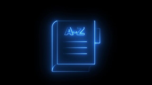 Glowing neon blue color dictionary book icon on black background. 4k animation video.