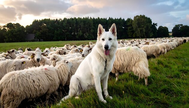 White dog herding sheep in field.