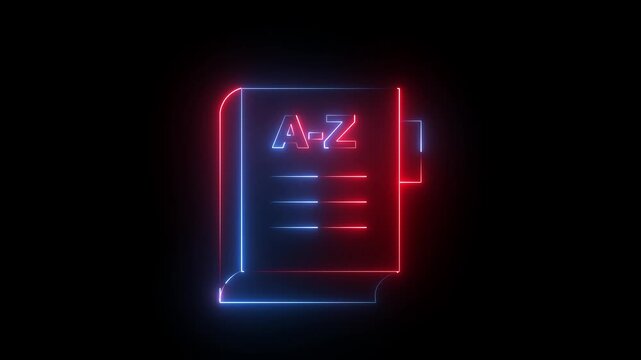 Glowing neon red and blue color dictionary book icon on black background. 4k animation video.