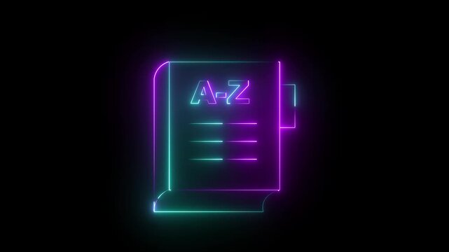 Glowing neon pink and navy blue color dictionary book icon on black background. 4k animation video.