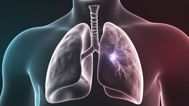 Realistic cinematic lungs visualization gently hovering human lungs photorealistic anatomical details soft reflections subsurface scattering dark cyan red background smooth ambient lighting clean scie