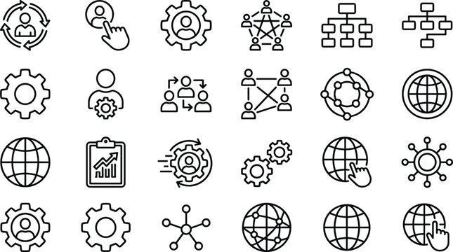 Organizational structure icon set corporate network business management hierarchy workflow chart line vectors