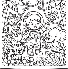 Fototapeta premium Cute astronaut with jungle animals illustration, Generative Ai