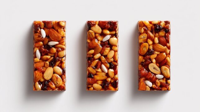 Three delicious nut and dried fruit bars bound with honey on a white background.