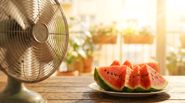 Fresh watermelon slices on a plate next to a retro electric fan on a wooden table with warm summer sunlight filtering through a balcony