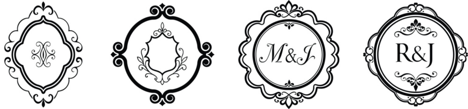 Ornate vintage decorative frames with initials m&g and r&j, elegant vector