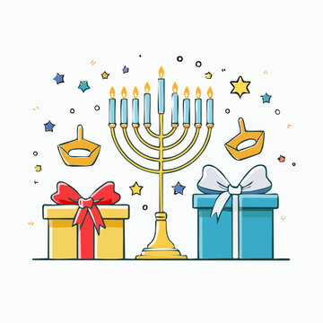 Hanukkah Celebration with Menorah, Dreidels, and Gifts