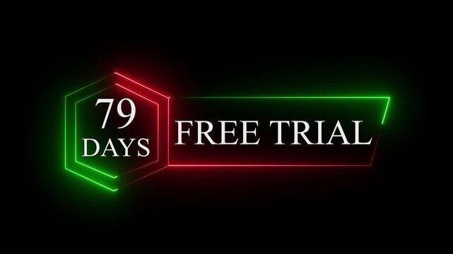 Neon glowing 79 Days Free Trial Banner text icon on black background. 79 days free trial label icon badge. Business products 79 days free trial offer video.