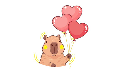 Cute Capybara Holding Pink Heart Balloons, Adorable Animal Illustration © Mangga