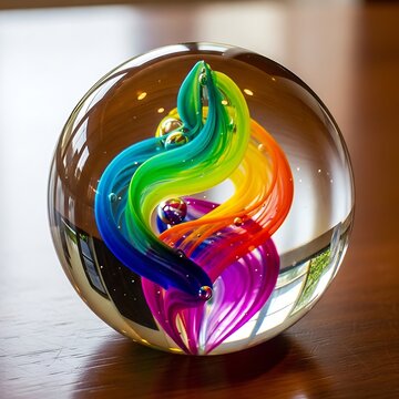Colorful glass paperweight with rainbow swirl.
