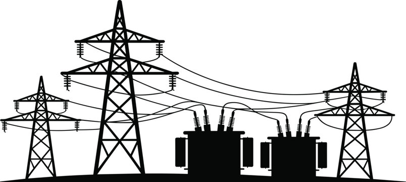 Silhouette of electrical transmission towers and transformers against a white background electricity