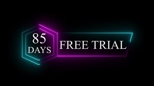 Neon glowing 85 Days Free Trial Banner text icon on black background. 85 days free trial label icon badge. Business products 85 days free trial offer video.