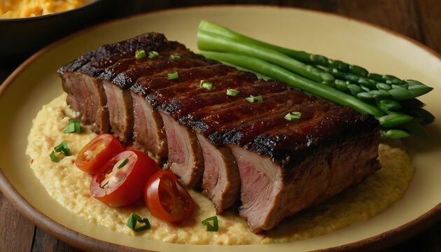 cajun smoked ribs served with grits on a plate