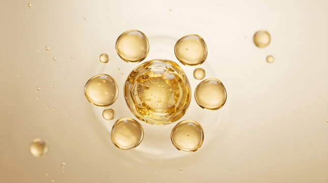 Golden oil droplets merge to deliver intense nourishment and fortify the protective lipid barrier. 3D rendering.