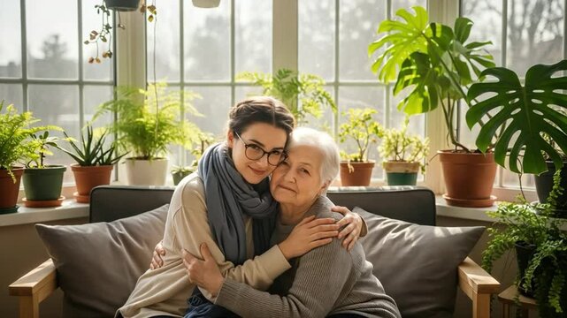 Caring granddaughter embracing senior woman in a bright indoor garden setting at home