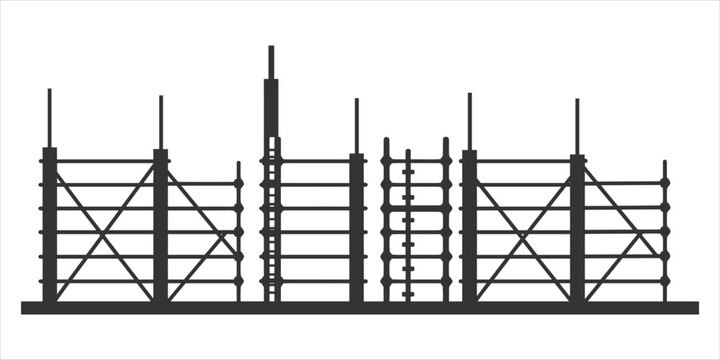 Black silhouette of scaffolding construction elements on white background industrial building