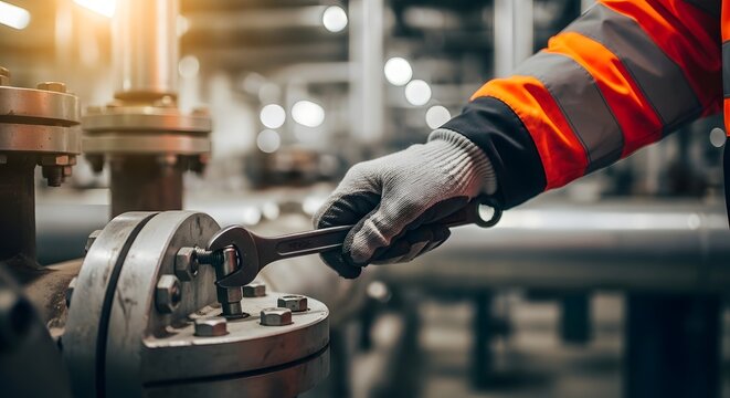 Industrial worker using wrench on large pipe flange in factory setting.