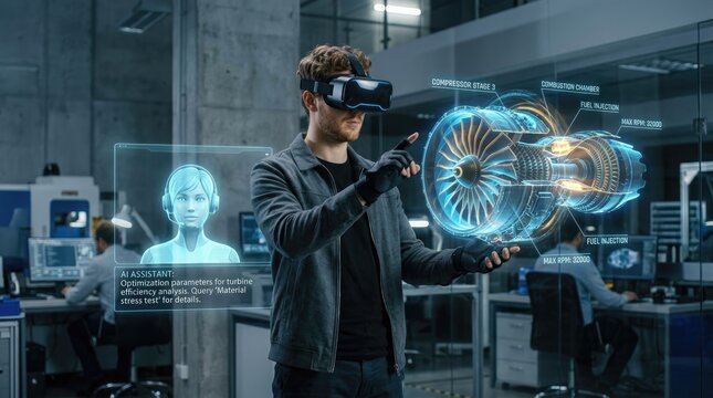 A man wearing a VR headset and gloves interacts with a holographic projection of a jet engine. An AI assistant appears as a holographic avatar, providing optimization parameters.