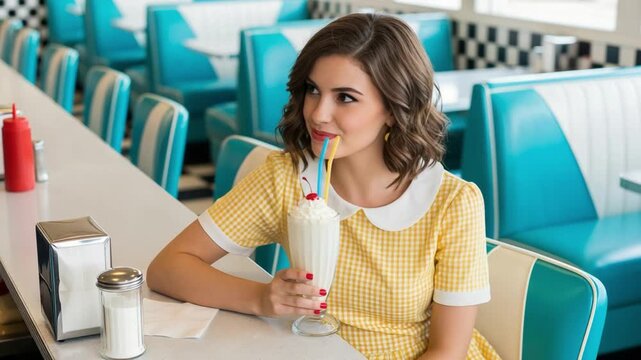 Smiling young Caucasian woman in yellow gingham dress drinking a milkshake in a retro 1950s diner