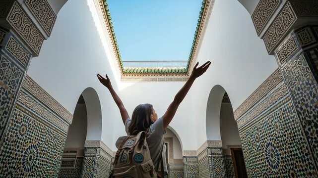 Young female traveler with backpack exploring traditional Moroccan riad courtyard with intricate tilework