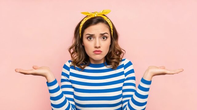 Confused Young Woman Shrugging Shoulders, Uncertain Gen Z Female in Striped Shirt