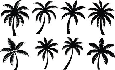 Fototapeta premium Set of eight black silhouettes of palm trees