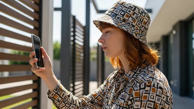 Young woman using smartphone to unlock smart gate access at modern home entrance