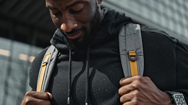 Determined young Black man adjusting his modern backpack outdoors, reflecting an active lifestyle