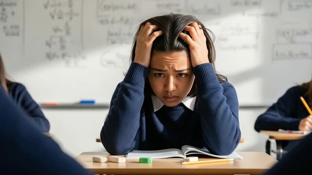 Stressed Asian Female Student Struggling with Difficult Exam in Classroom