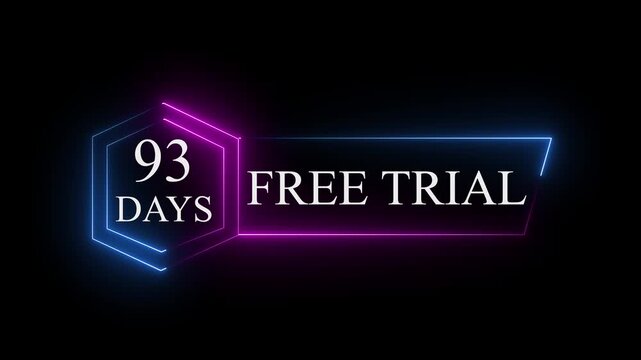 Neon glowing 93 Days Free Trial Banner text icon on black background. 93 days free trial label icon badge. Business products 93 days free trial offer video.