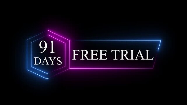 Neon glowing 91 Days Free Trial Banner text icon on black background. 91 days free trial label icon badge. Business products 91 days free trial offer video.
