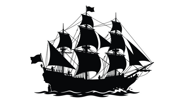 Tall sailing ship on waves black silhouette