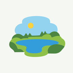 Obraz premium Minimalist Flat Landscape Illustration with Lake Forest and Sun - Simple Nature Vector Graphic