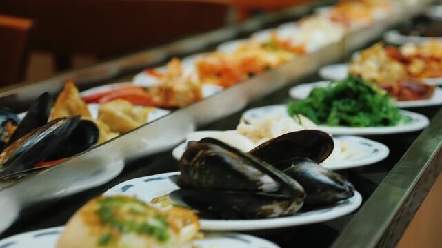 A captivating culinary display showcases diverse seafood and asian dishes rotating on a buffet conveyor belt at a restaurant, dynamic motion food footage.