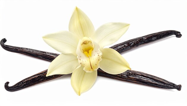 Fresh yellow vanilla flower with long dark vanilla pods on white background, aromatic spice, vanilla bean, floral essence, vanilla pod close-up