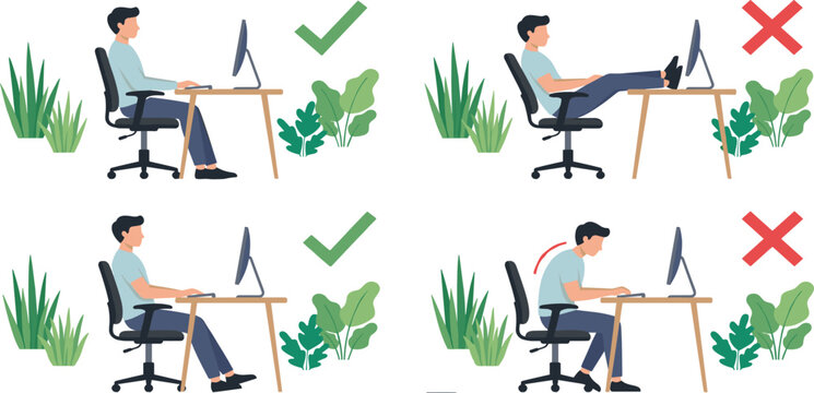 Ergonomic Sitting Posture Collection with Correct and Incorrect Work Positions Showing Good and Bad Spine Alignment at Desk Vector Illustration