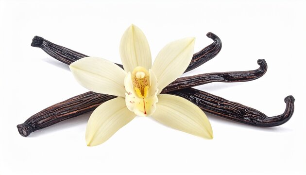 Fresh vanilla flower with pods, aromatic vanilla bean, white background, vanilla orchid, natural spice, vanilla plant, floral, vanilla pod, vanilla extract ingredient