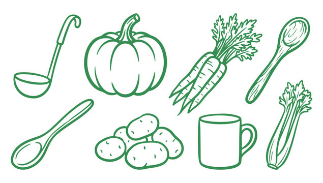 Green Line Drawing of Kitchen Utensils and Vegetables