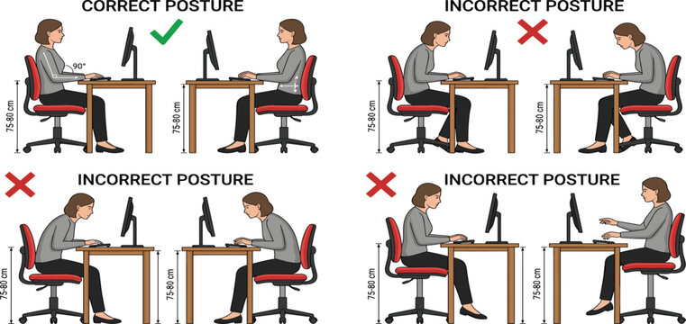 Ergonomic Desk Posture Guide Infographic Set with Correct and Incorrect Sitting Positions Showing Right and Wrong Spine Alignment Vector Illustration