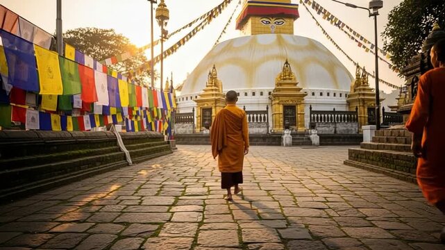 Buddhist monk in saffron robes walking towards a large white stupa at sunrise