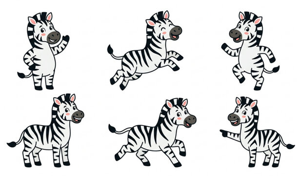 Playful zebra mascot character collection with black striped cartoon vector illustrations