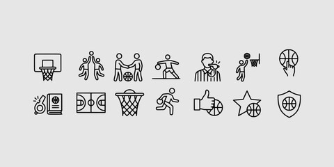Icon set collection of professional basketball sport line icons illustrating players, court, hoop, referee whistle, game tactics, and ball elements. © Raka Firdaus 