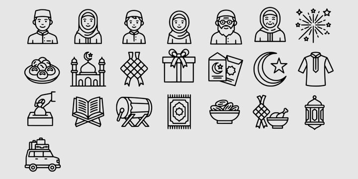 Icon set collection of Islamic holiday line icons featuring Muslim family, mosque, ketupat, ramadan decorations, gifts, mudik car, and festive food