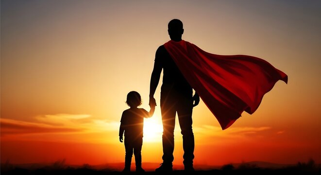 Father teaching child to fly kite at sunset